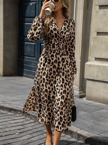 Leopard Print V-Neck Long Sleeve Midi Dress