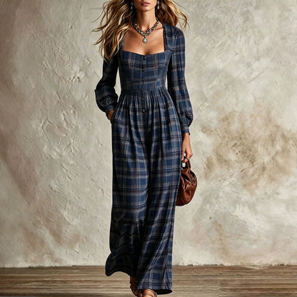 Vintage Plaid Square Neck Wide Leg Jumpsuit