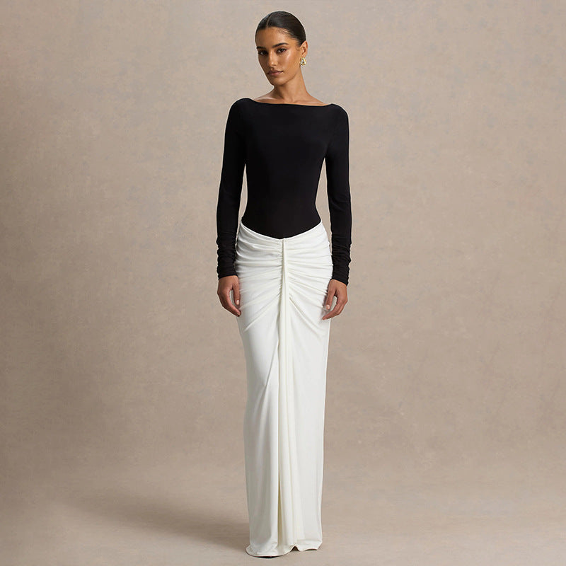 Two Tone Boat Neck Backless Ruched Long Sleeve Maxi Dress