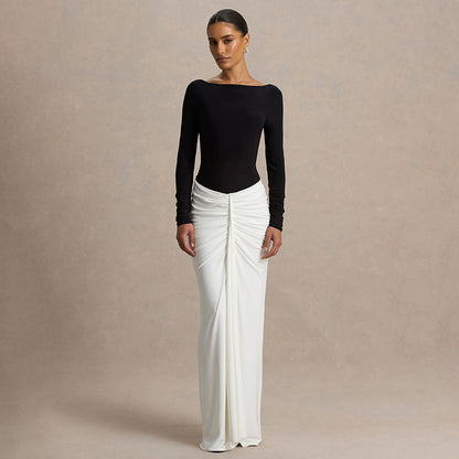 Two Tone Boat Neck Backless Ruched Long Sleeve Maxi Dress