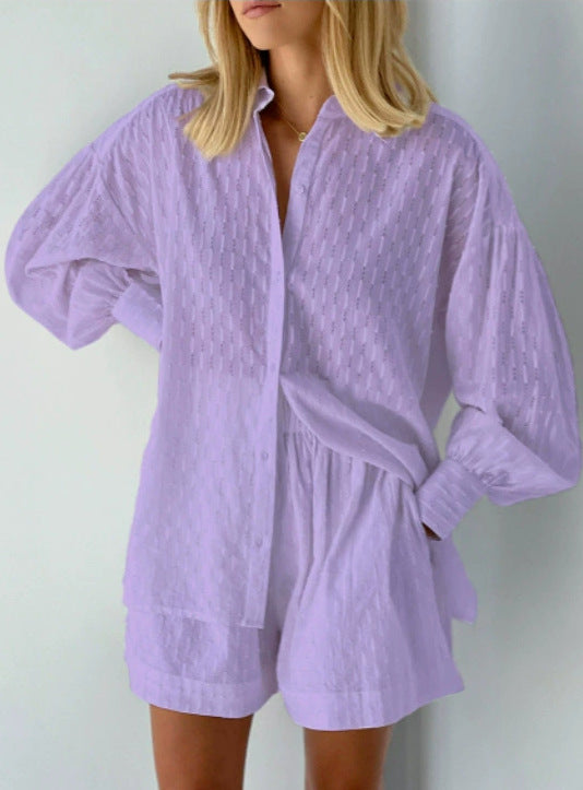 Women's Cotton Jacquard Shirt and Shorts Two Piece Set