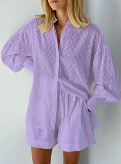 Women's Cotton Jacquard Shirt and Shorts Two Piece Set