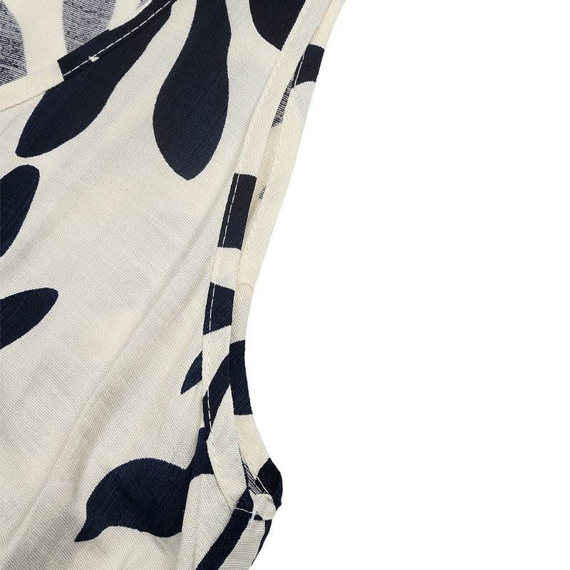 Leaf Print Sleeveless Strappy Dress with Belt Side Slit