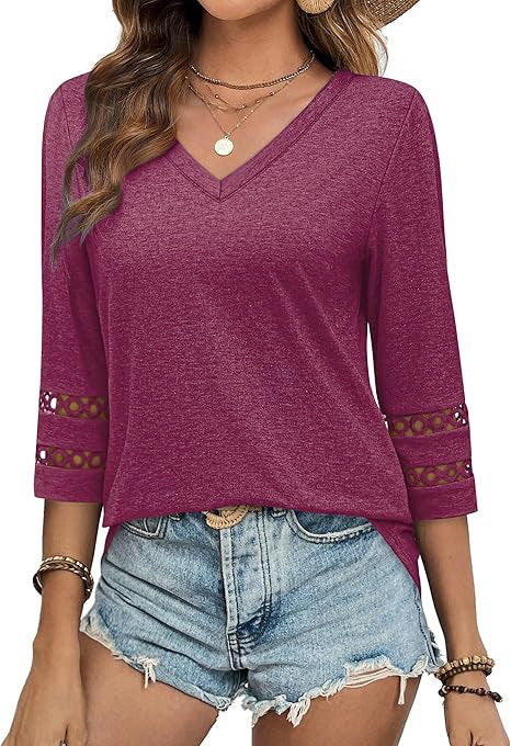 White V-Neck Lace Sleeve Casual Knit Top for Women