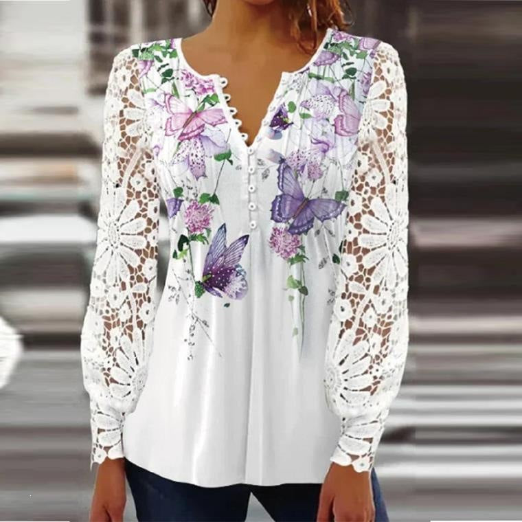 Women's Lace Sleeve Pleated V-Neck Blouse