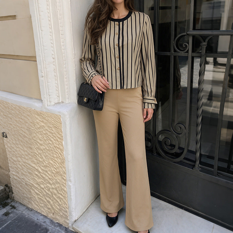 Women Striped Workwear Set Long Sleeve Top Flare Pants