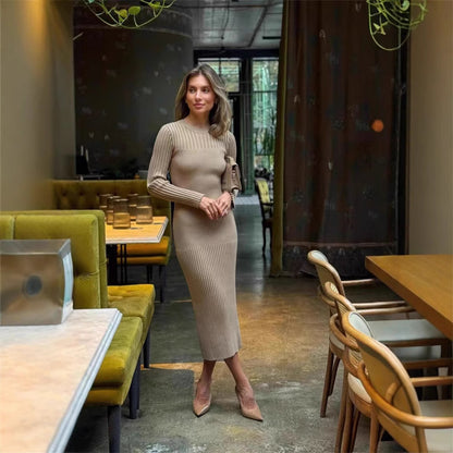 Women's Ribbed Sweater Dress Long Sleeve Bodycon Midi