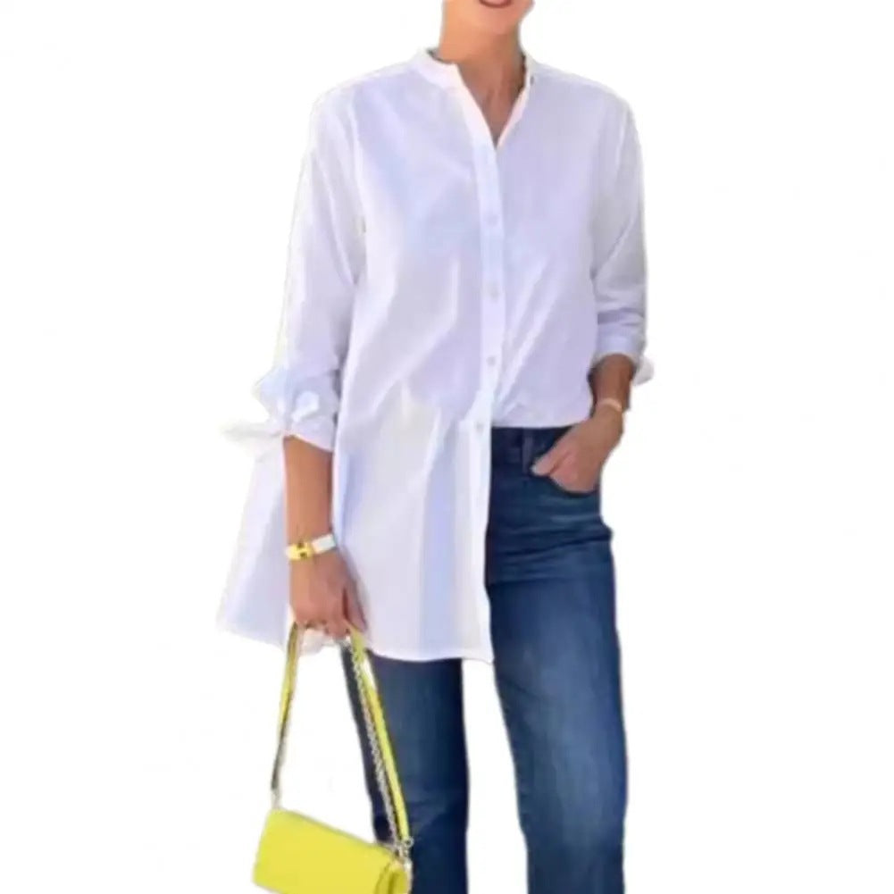 Women's Cotton Button Front Tie Sleeve Tunic Blouse