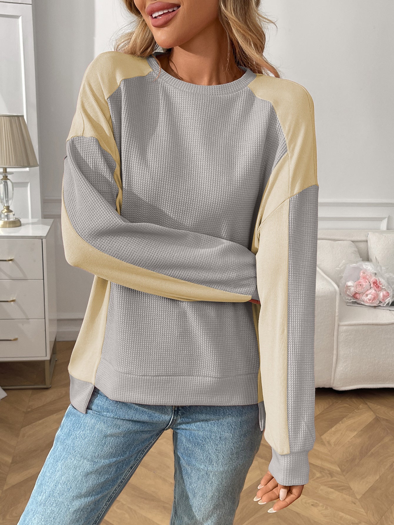 Color Block Waffle Knit Long Sleeve Pullover Top
