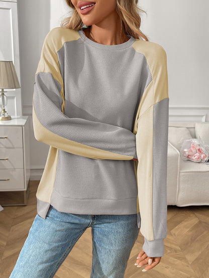 Color Block Waffle Knit Long Sleeve Pullover Top