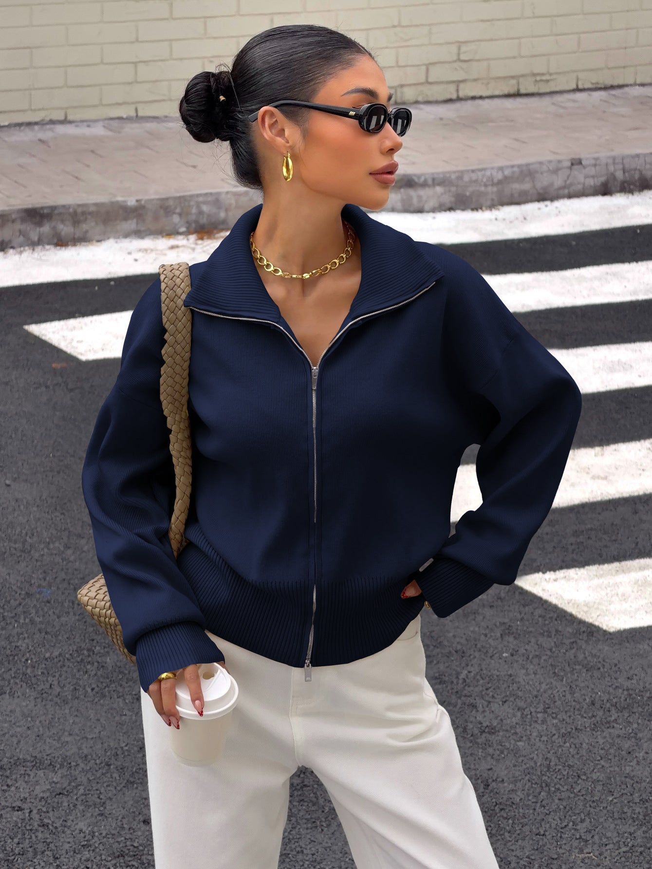 Women's Zip Up Knit Jacket Long Sleeve Casual Cardigan