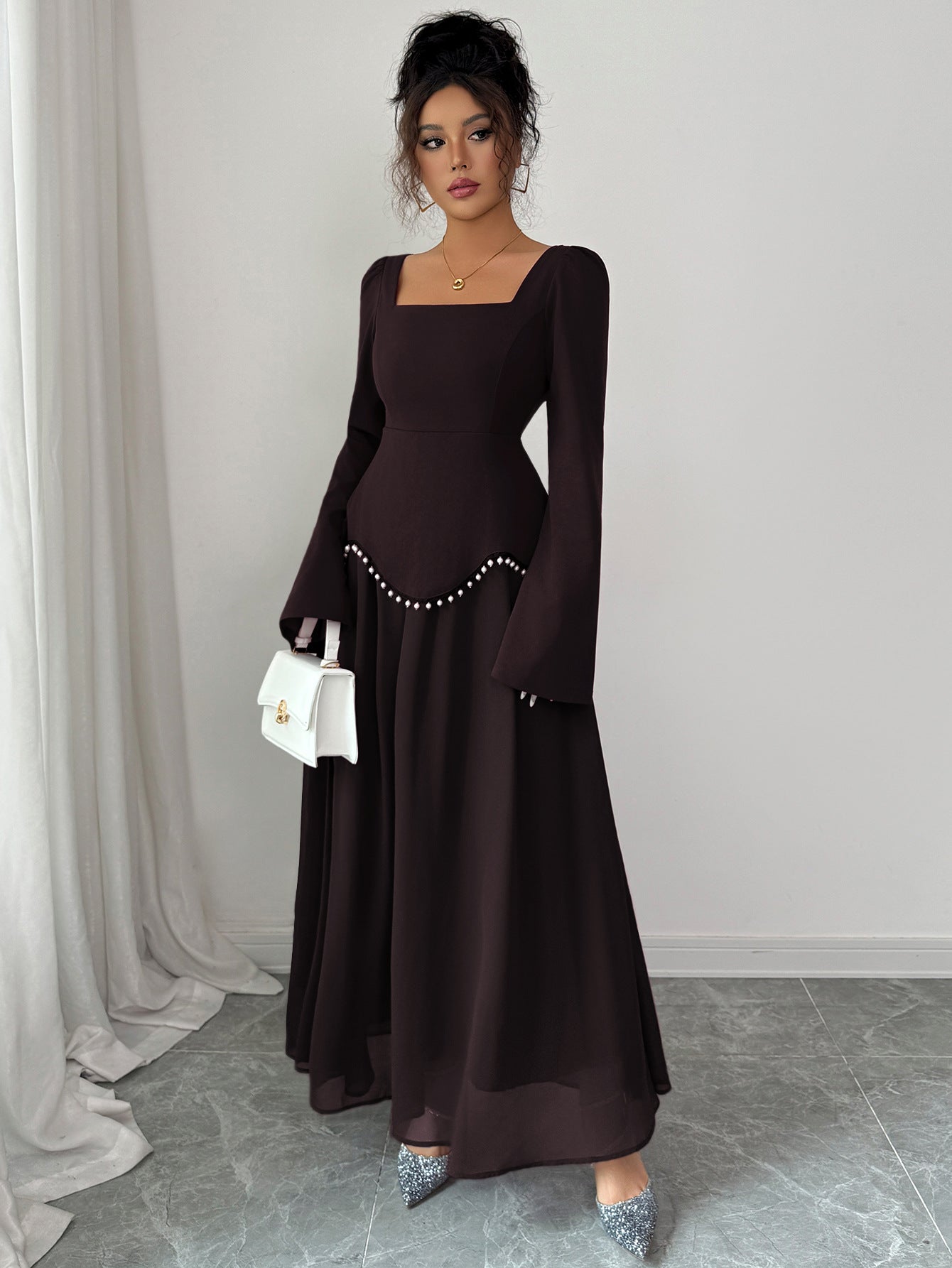 Square Neck Long Sleeve Pearl Trim A-Line Maxi Dress