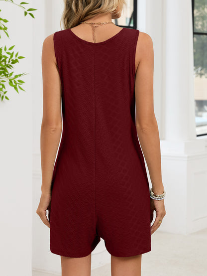 Textured Button Tank Romper Sleeveless Pocket Lounge Set