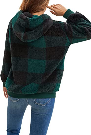 Women's Plaid Sherpa Hoodie Oversized Fleece Pullover