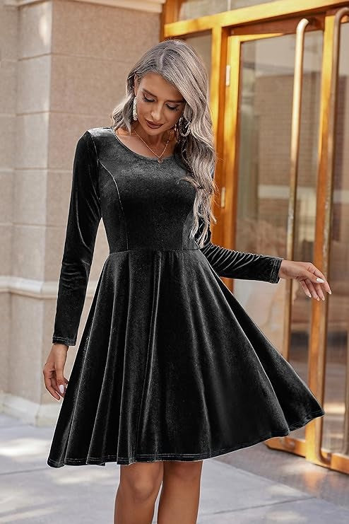 Women's Velvet Fit and Flare Long Sleeve Mini Dress