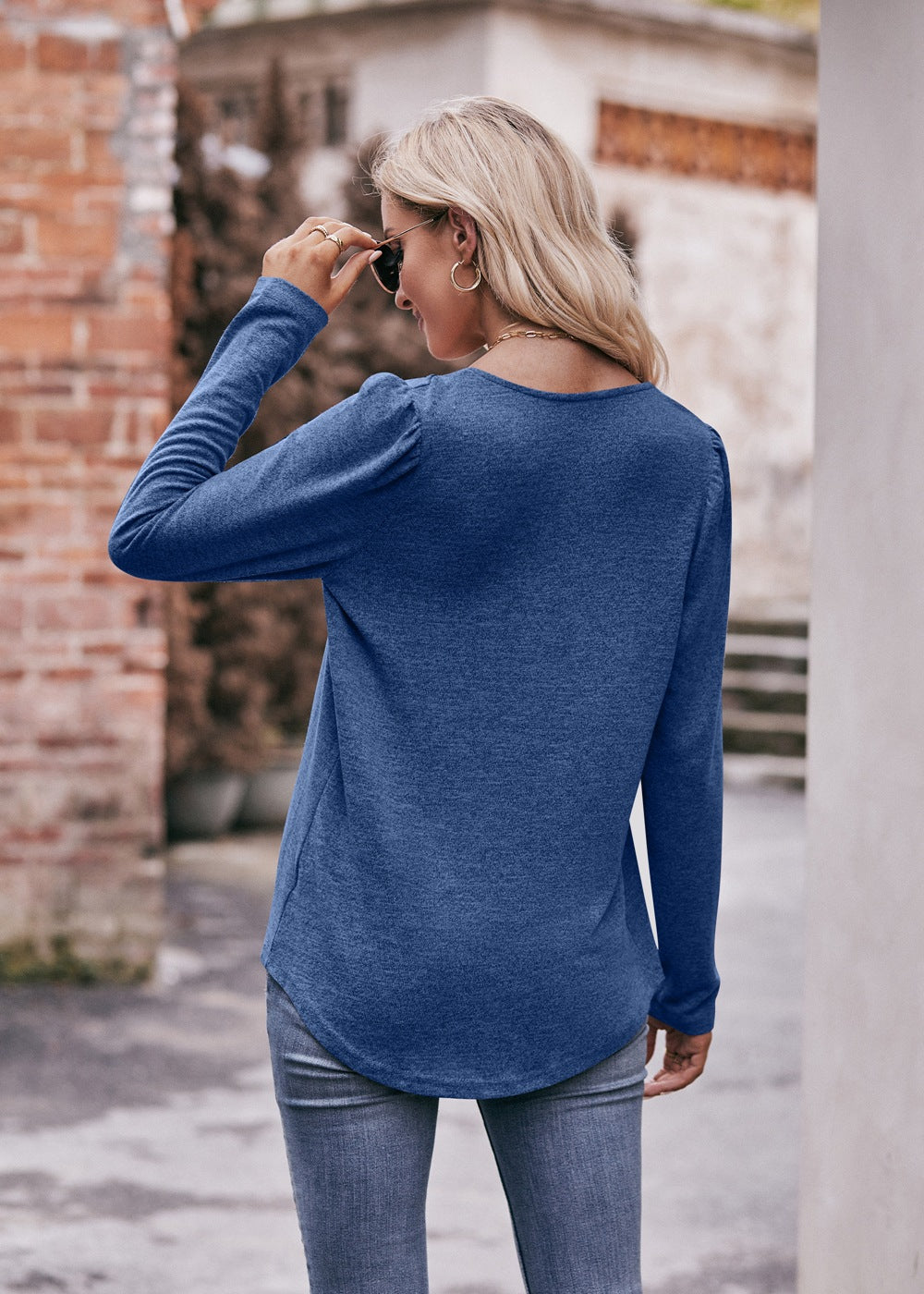 Square Neck Pleated Long Sleeve Top for Women