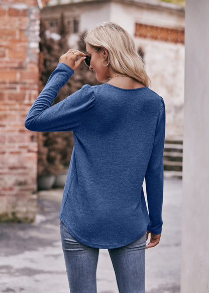 Square Neck Pleated Long Sleeve Top for Women