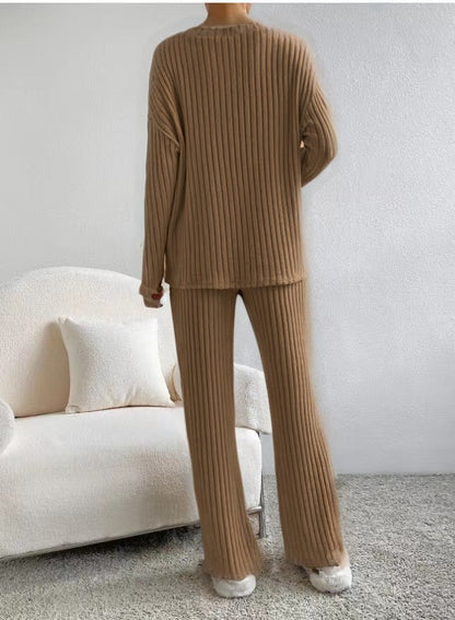 Women's 2 Piece Ribbed Knit V Neck Wide Leg Pants Set