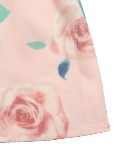 Pink Floral Two Piece Set Padded Shoulder Top Midi Skirt