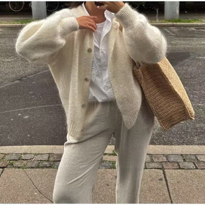 Oversized Pastel Crew Neck Button Front Knit Cardigan