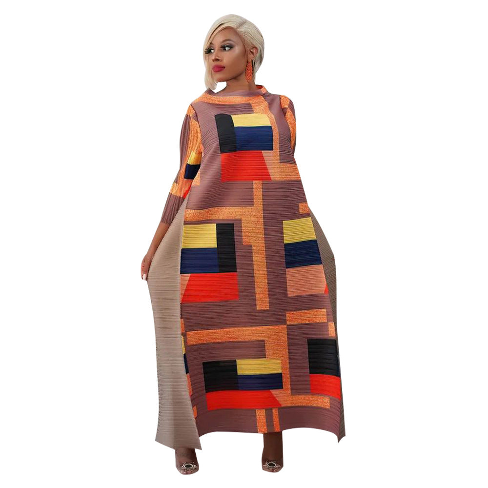 Women's Geometric Pleated Maxi Dress 3/4 Sleeve Colorful