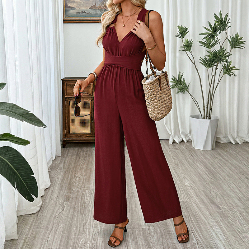 Burgundy Open Back Tie Wide Leg Jumpsuit