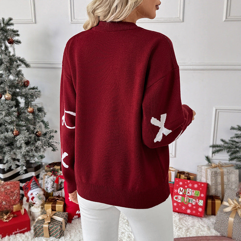Women's Christmas Bow Jacquard Crewneck Sweater