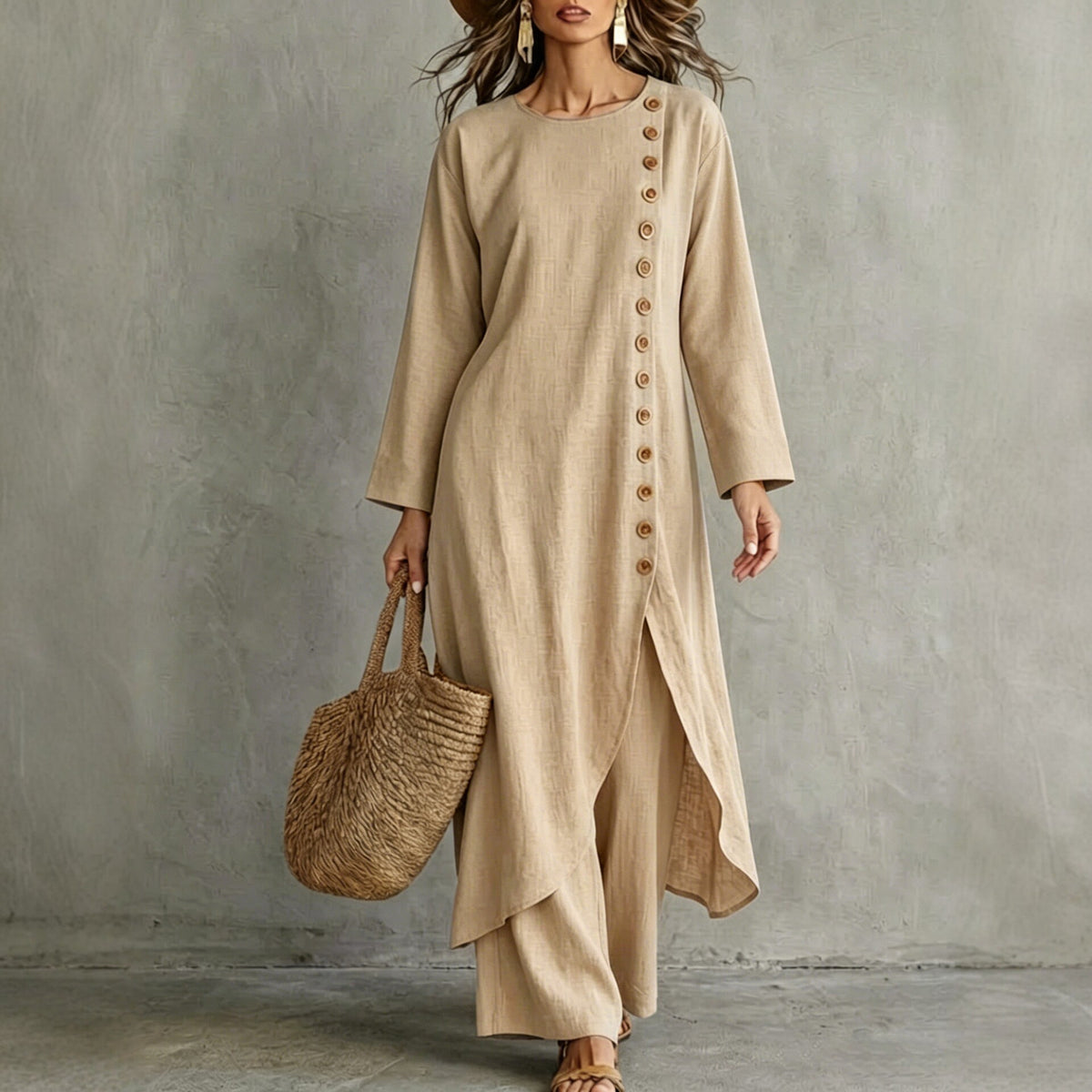 Linen Button Front Tunic Wide Leg Pants Two Piece Set