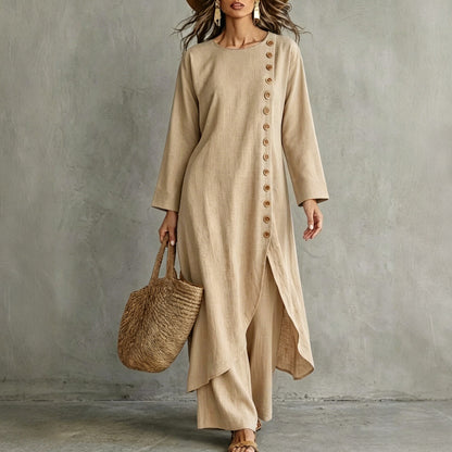 Linen Button Front Tunic Wide Leg Pants Two Piece Set