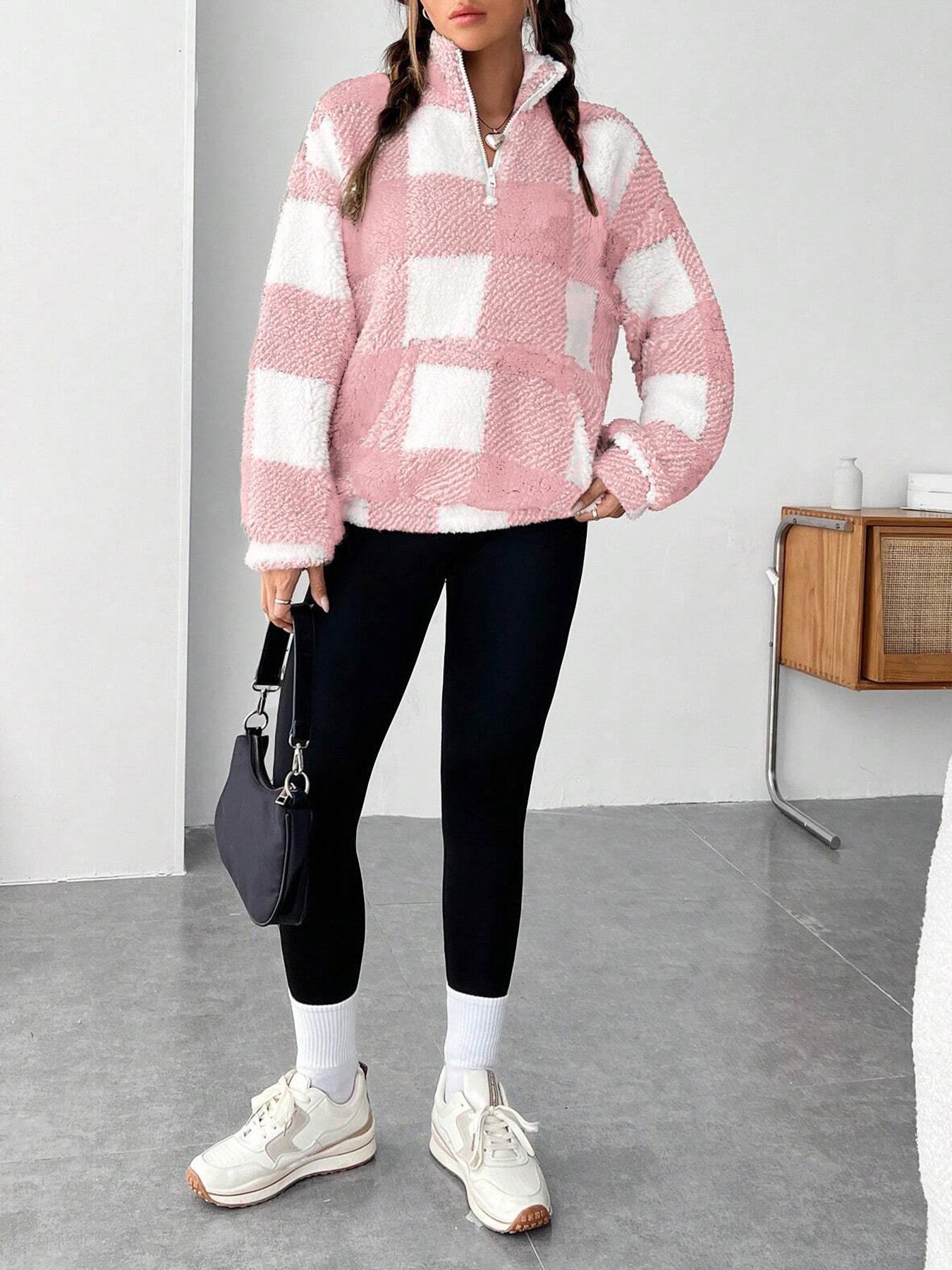 Womens Checkered Sherpa Quarter Zip Fleece Pullover