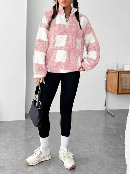Womens Checkered Sherpa Quarter Zip Fleece Pullover