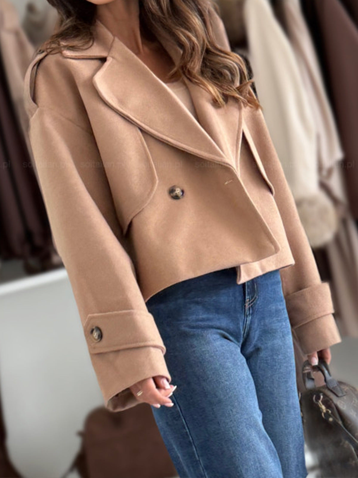 Women's Cropped Lapel Jacket Oversized Woven Coat