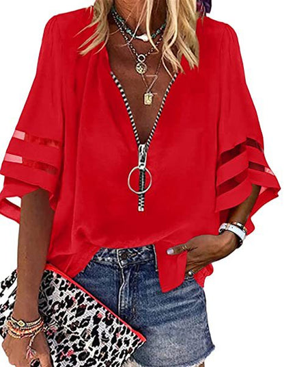 Summer V-Neck Zipper Shirt Half-Flared Sleeve Grid Splicing