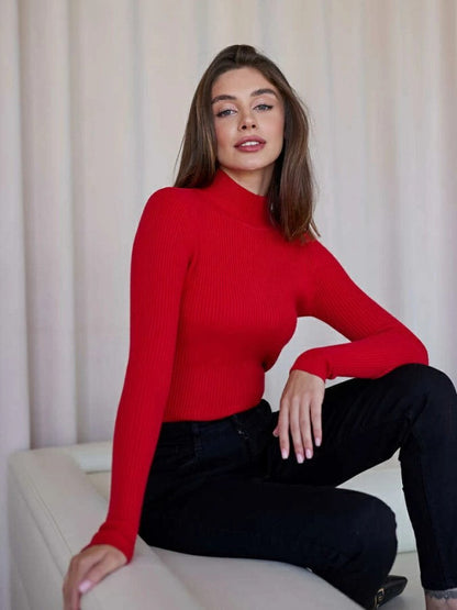 Women's Ribbed Mock Neck Long Sleeve Fitted Knit Top