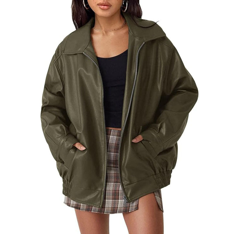 Women's Oversized Faux Leather Moto Jacket Zip Up