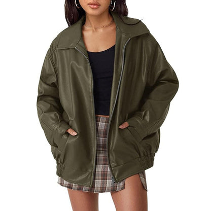 Women's Oversized Faux Leather Moto Jacket Zip Up