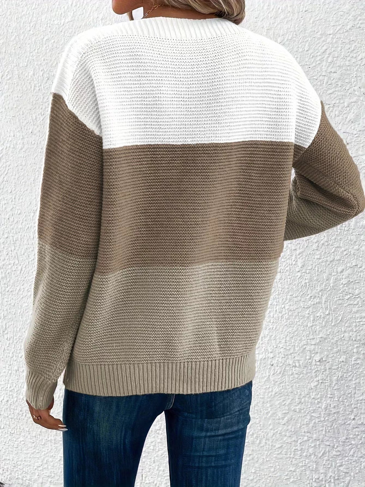 Women's Color Block Crew Neck Knit Pullover Sweater
