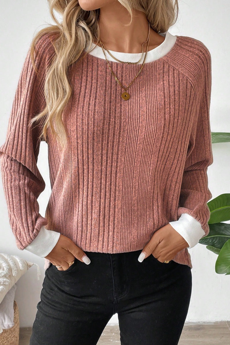 Women's Ribbed Crew Neck Long Sleeve Pullover Sweater