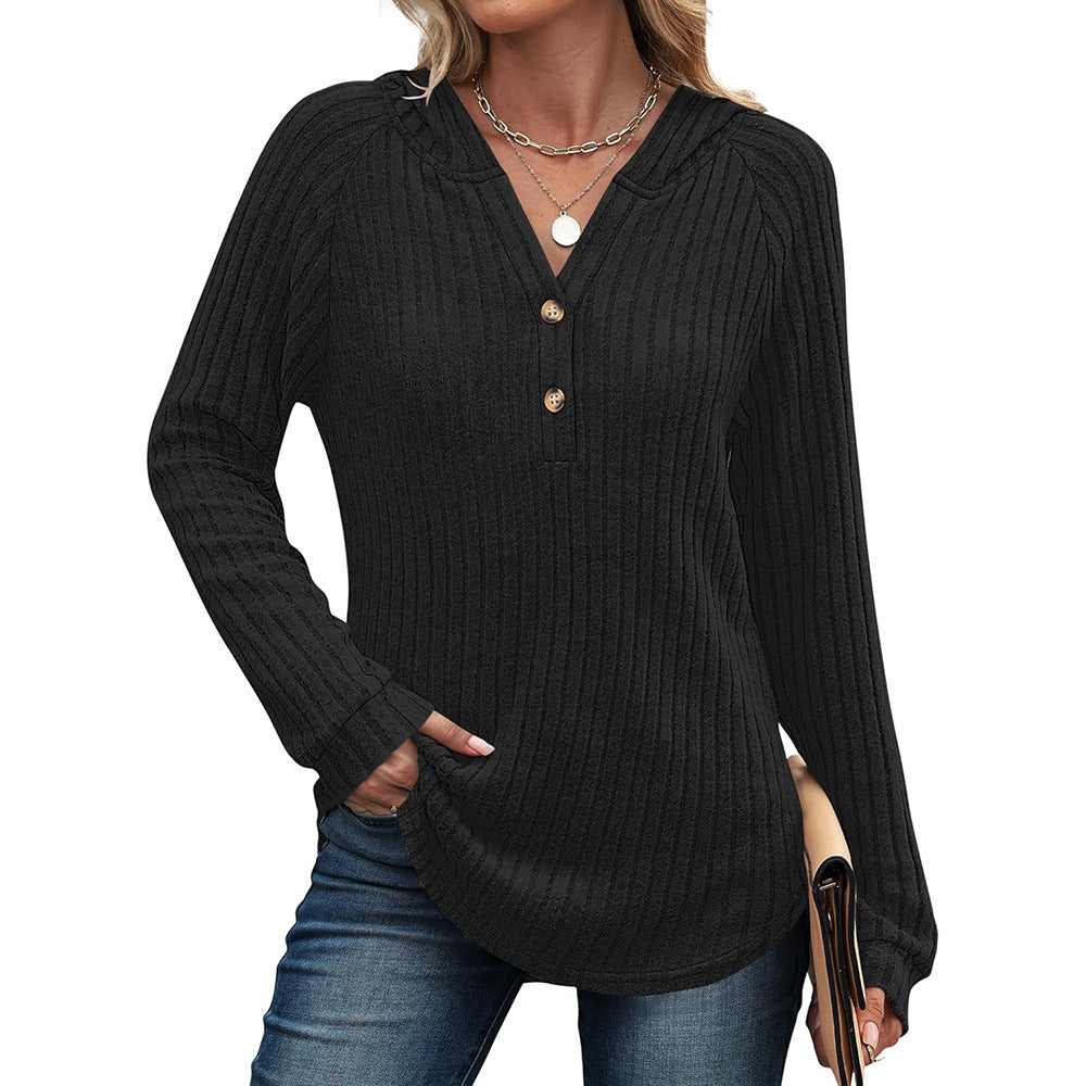Women's Loose Hooded V Neck Button Ribbed Knit Sweater