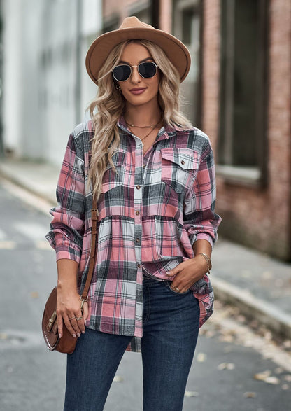 Plaid Lapel Long-Sleeve Casual Shirt with Pockets