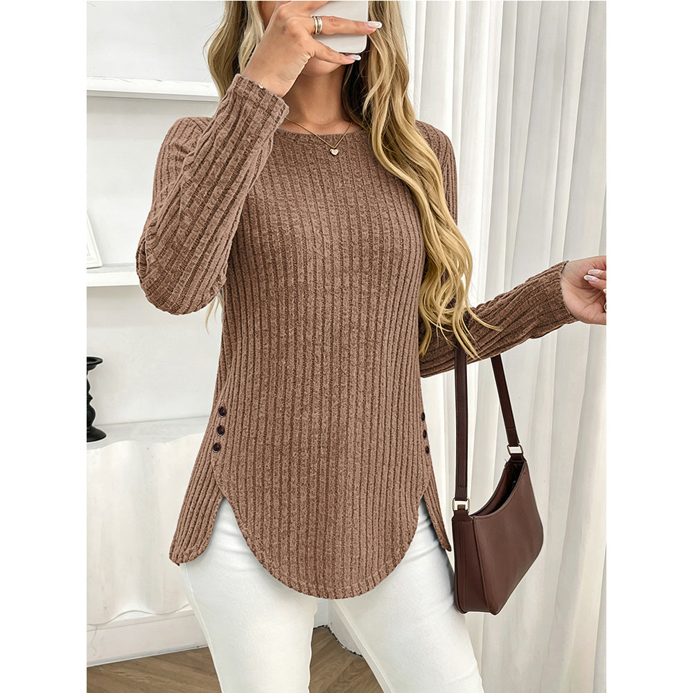 Ribbed Brushed Knit Button Side Long Sleeve Top