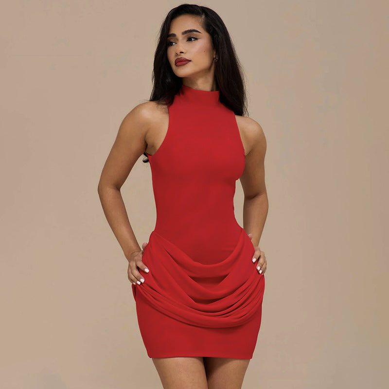 Sleeveless Mock Neck Draped Bodycon Mini Dress