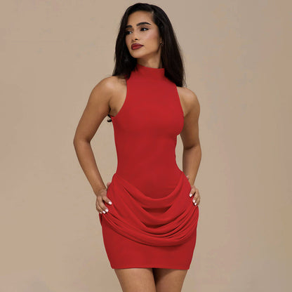 Sleeveless Mock Neck Draped Bodycon Mini Dress