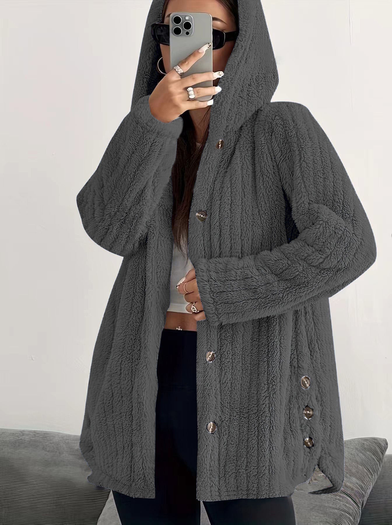 Hooded Sherpa Fleece Jacket with Button Closure