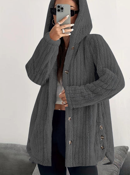 Hooded Sherpa Fleece Jacket with Button Closure
