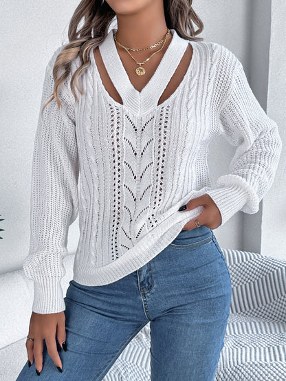 Hollow Out V Neck Cable Knit Lantern Sleeve Sweater