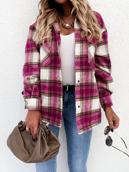 Women's Oversized Plaid Shacket Button Up Jacket
