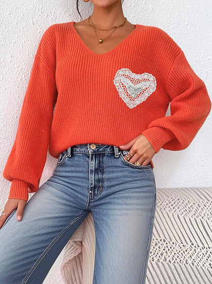 V Neck Knit Pullover Sweater with Lace Heart Detail
