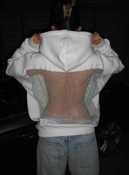 Women's Backless Mesh Hoodie Oversized Cutout Pullover