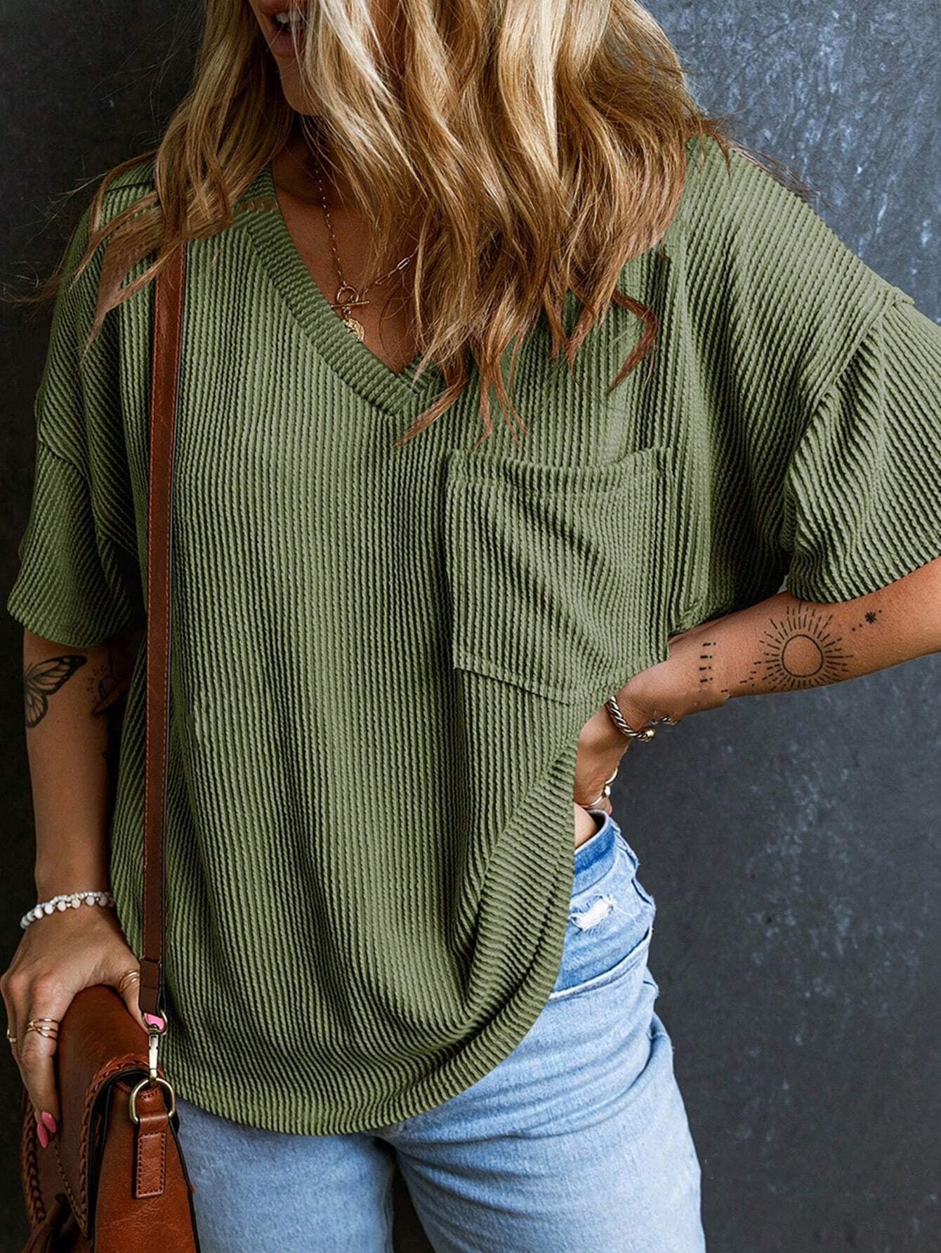 Women’s Ribbed V Neck Short Sleeve Pocket Tee